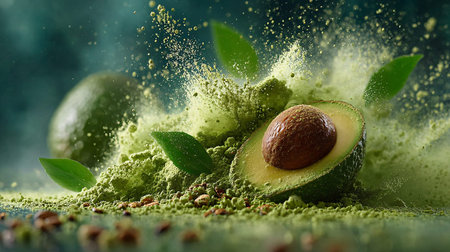 Avocado with green powder and mint leaves on a dark background.