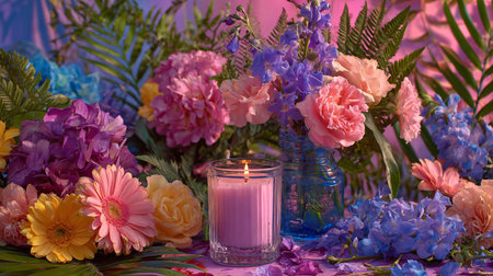 Composition with flowers, candles and palm leaves on pink background.