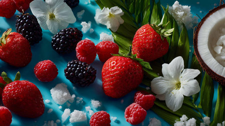 Composition of fresh berries, coconut and flowers on a blue background