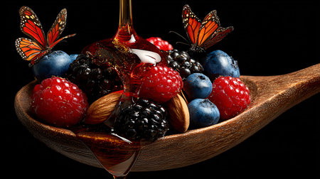 Mix of berries in a wooden spoon on a black background with butterfly
