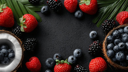 Frame made of fresh berries on black background, top view. Space for text