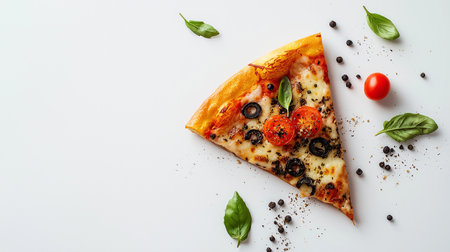 Mouthwatering pizza slice on a clean white background, tempting and flavorful creationの素材