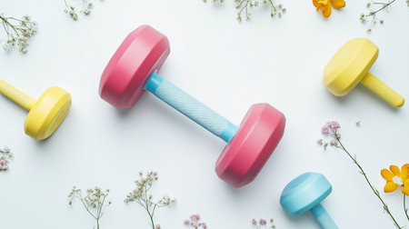 Colorful Dumbbells with Delicate Flowers on a Clean White Background Suggesting Fitnessの素材