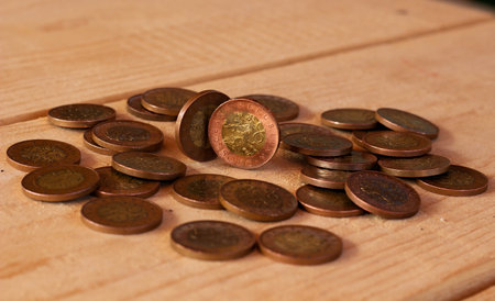 czech coins with a value of 50 crowns on wooden table