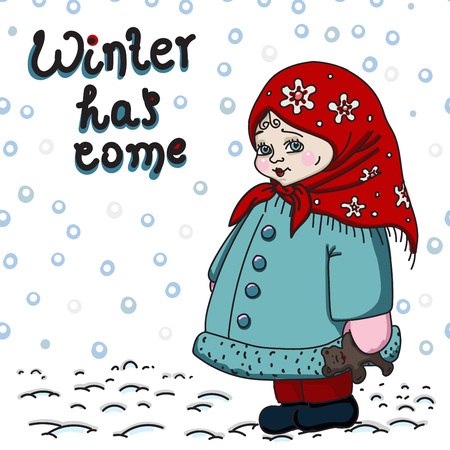 winter card with little girl on the white background for paper designの写真素材