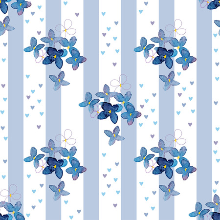 Watercolor lilac flowers on a striped background seamless pattern for paper and fabric designのイラスト素材