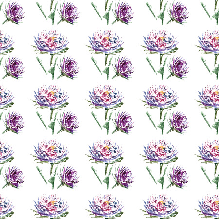 Aster with leaves watercolor on the white background  floral seamless patternの写真素材