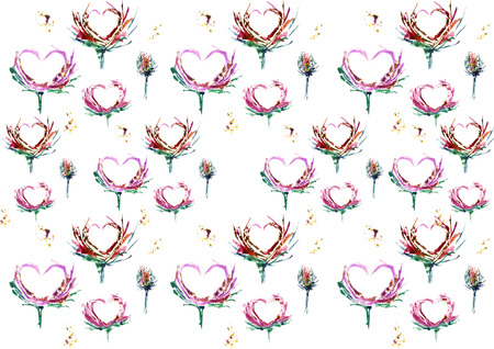 Hearts with leaves watercolor on the white background  floral and romantic seamless patternの写真素材