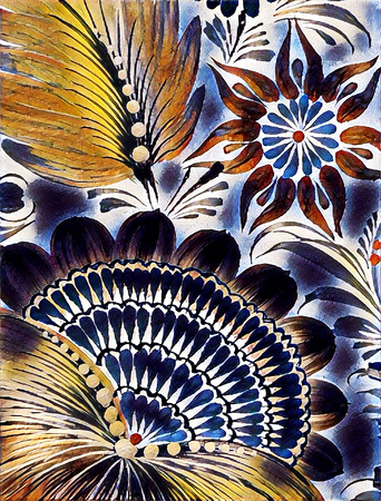 Petrikovskaya painting. Beautiful colorful painting flower with leaves. Traditional Ukrainian painting.の写真素材