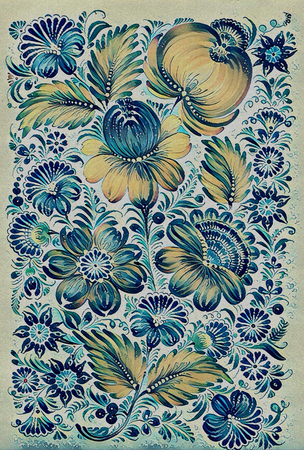 Petrikovskaya painting. Beautiful colorful painting flower with leaves. Traditional Ukrainian painting.の写真素材