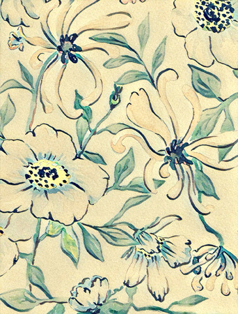 Floral background. Rose hips and honeysuckle digital illustration on canvas textureの写真素材