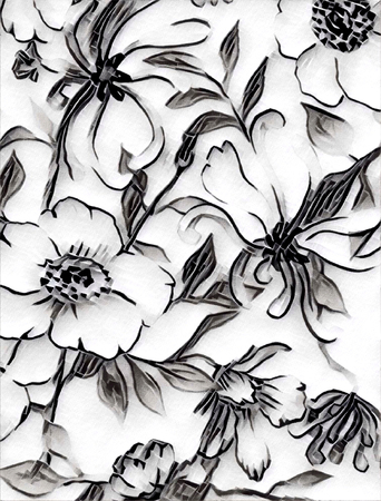 Floral background. Rose hips and honeysuckle digital illustration on canvas textureの写真素材