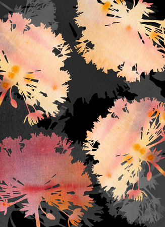 Abstract multicolor watercolor background with floral silhouetteの写真素材