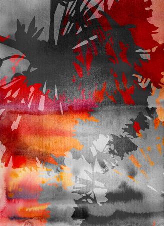 Abstract multicolor watercolor background with floral silhouetteの写真素材