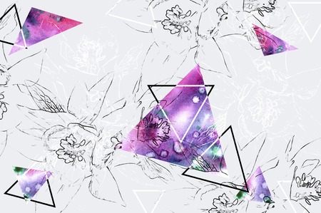 Floral background with natural flower and pencil contour and geometric form and watercolor elementの写真素材