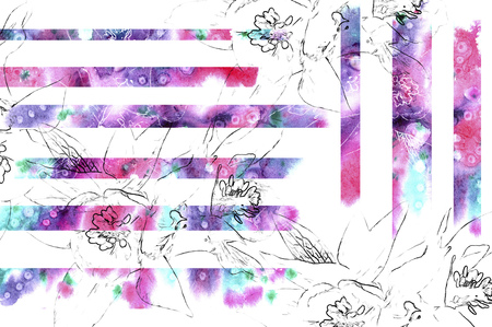 Floral background with ink flower contour and watercolor elementの写真素材