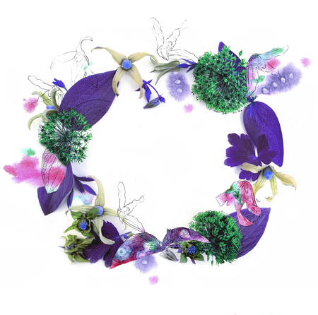 Fresh flower wreath with pencil contour on white background for invitation designの写真素材