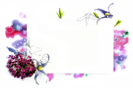 Template for invitation design with watercolor splash and fresh flower and ink contourの写真素材