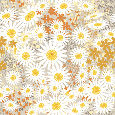 Daisy floral seamless pattern with strokes and dottedのイラスト素材