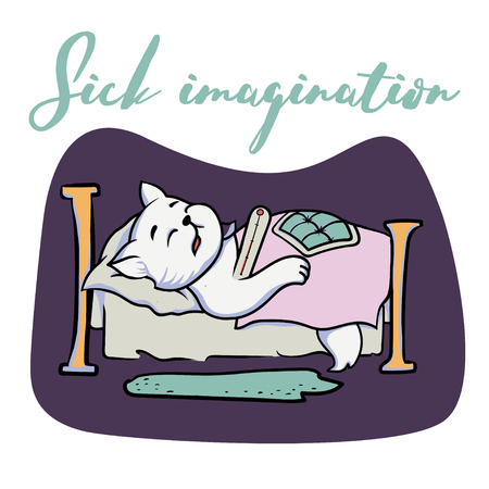 Cat in bed. Flat funny illustration.の写真素材