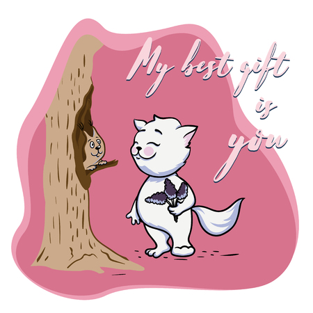 Funny cat gives flowersの写真素材
