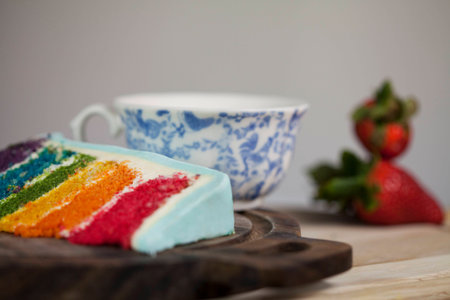 Slice of Rainbow Cake with Blue Frosting on Dark Wood Surfaceの写真素材