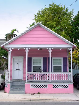 Small pink wooden house in Key West, Floridaの写真素材