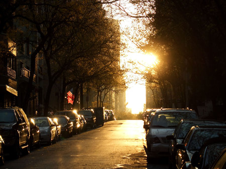 Sun raising over west 71th street, Manhattan, New York
