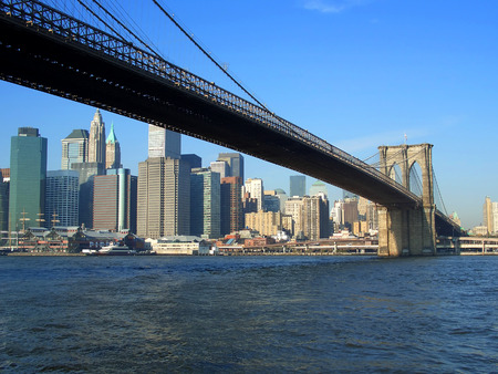Brooklyn bridge and financial district, Manhattan, New Yorkの写真素材