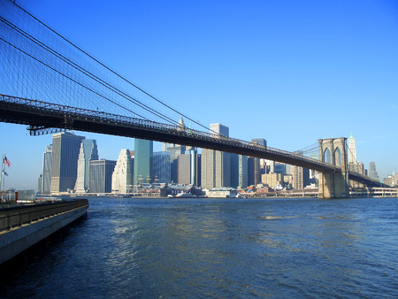 Brooklyn bridge and lower Manhattan, financial district, New Yorkの写真素材