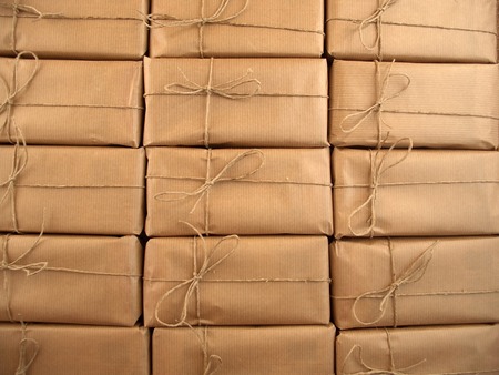 Group of small brown grunge christmas packaged presentsの写真素材
