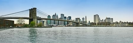 Panoramic view of Brooklyn bridge, lower Manhattan and financial district, New Yorkの写真素材