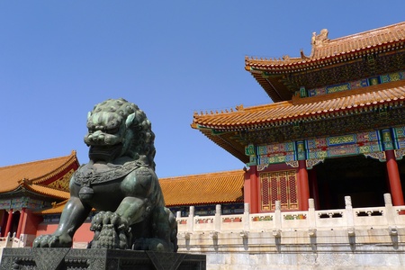 A ming dynasty imperial guardian lion  Shishi, or stone lion  in front of the gate of Supreme Harmony in the Forbidden City, Beijing, China の写真素材