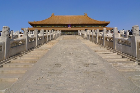 The middle staircase to the Hall of Supreme Harmony in the Forbidden City, Beijing, China The stairway has a huge stone engraving with dragons playing with pearls の写真素材