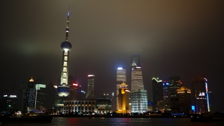 Shanghai Pudong as seen from the Bund. Nightly horizontal view from march 2012. のeditorial素材