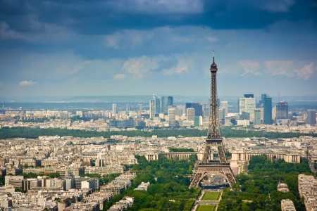 Aerial view from Montparnasse tower, looking over the Eiffel tower and La Defense district, Paris, Franceの写真素材