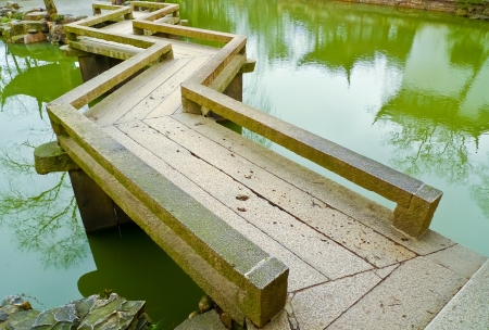 Traditional zig-zag bridge in Humble Administrator's Garden, Suzhou, China. In zen philosophy a zig-zag bridge help focusing the walkers attention on the current place and time.の写真素材