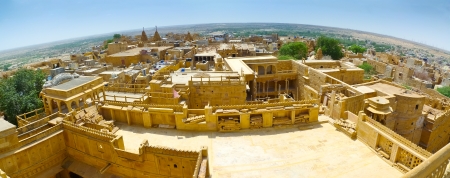 Aerial fish-eye panoramic view over Jaisalmer rooftops and surrounding desert from Royal Palace top, Rajasthan, Indiaのeditorial素材