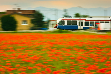 Train and poppies field, motion blur at sunset, Udine, Friuli, Italyのeditorial素材