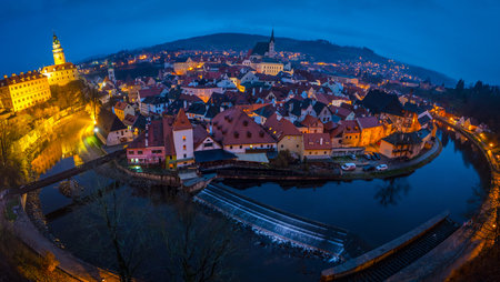 Evening fish-eye panorama of Cesky Krumlov, Czech Republicのeditorial素材