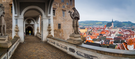 Panoramic view of the covered bridge in Cesky Krumlov castle, Czech Republicのeditorial素材