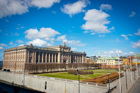 Swedish Parliament House neoclassical facade and Riksplan in Helgeandsholmen, Stockholm, Sweden, Europeのeditorial素材
