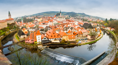Fisheye panorama of Cesky Krumlov old town and Vltava river, Czech Republicの写真素材