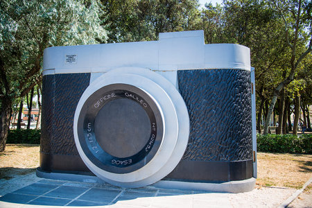 RIMINI, ITALY - June 24, 2017, a monument in the form of a camera, located in Rimini - the hometown of the director.のeditorial素材