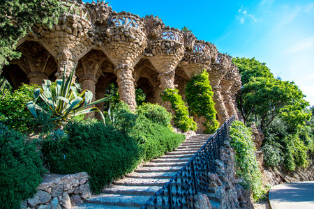 Park guell columns and viaducts, Barcelona, Spain - May 16, 2018.