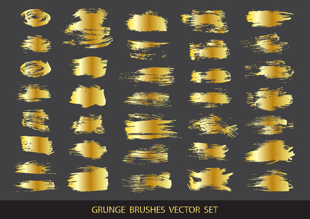 Set of gold paint, ink brush strokes, brushes, lines. Dirty artistic design elements, boxes, frames for text. Vector illustration.のイラスト素材