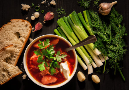 Borscht soup, bread and vegetables on a table of dark wood.
