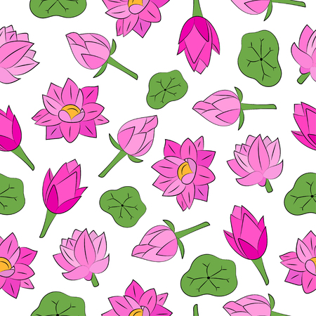 Vector seamless background.  Pond with lotus. Pink flowers, lotus and green leaves. Design for fabrics, textiles, paper, wallpaper, web. Retro. Vintage style.のイラスト素材