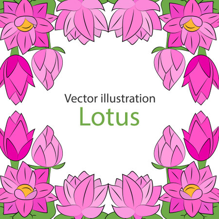 Vector background. Pink flowers, lotus and green leaves. Retro. Vintage style.のイラスト素材