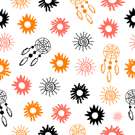 Vector seamless background. Funny decorative sun and dream catcher. Design for fabric, textile, paper, wallpaper, web. Vintage style. Retro.のイラスト素材
